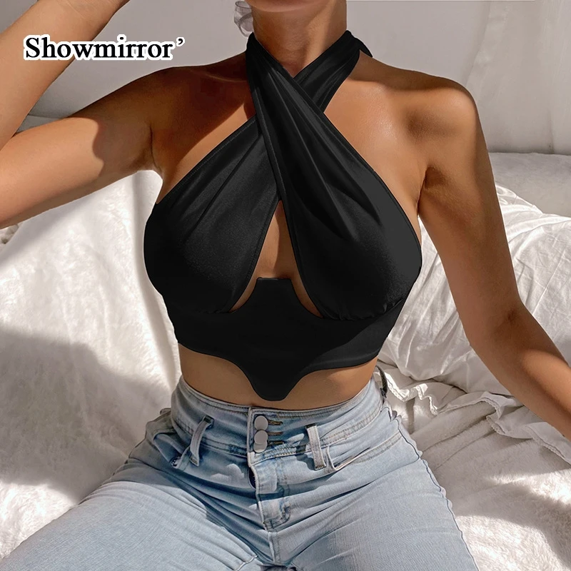 

Showmirror White Sexy Backless Halter Crop Top Women Lace Up Bandage Sleeveless Tanks Camis Tops Tees Summer Milkmaid Top 33579