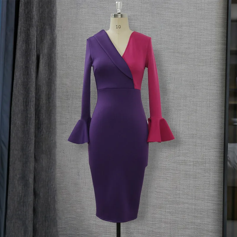 Женское платье с v образным вырезом в стиле пэчворк длинным Расклешенным рукавом