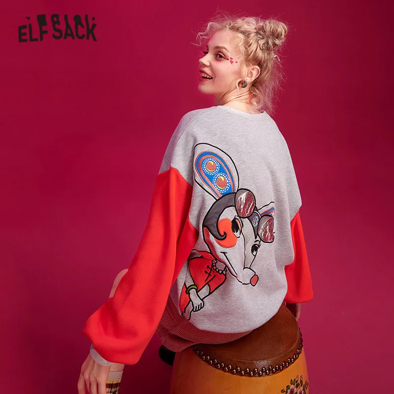 ELFSACK, серый, цветной, с вышивкой крысы, корейский пуловер, Женская толстовка, зима, пэчворк, рукав, для офиса, для девушек, базовые Топы