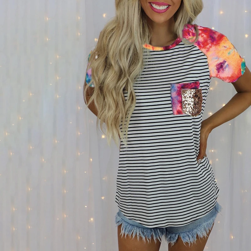 

Summer Women's Round Neck Short-sleeved T-shirt Tie-dye Printing Stripe Top Loose Casual Clothes FS99