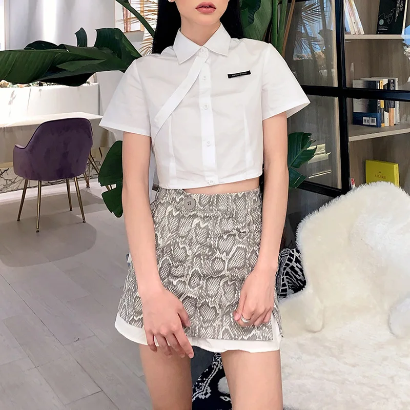 

Hit Color Lapel Short Cardigan Blouse Sexy Fashion Women's Shirts Clothing Sets Top Wear 2020 Women Summer Shirt Exposed Navel