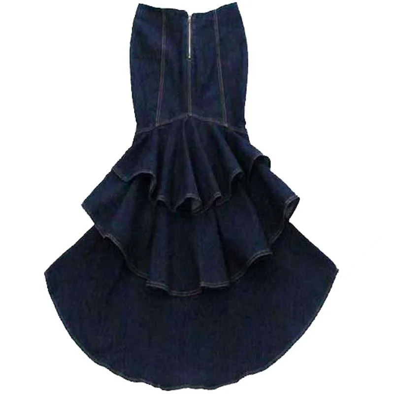

Hot Sale Fashion Irregular Denim Skirt Women's Fish Tail Skirt Multi Layers Lotus Leaf Maxi Long Dark Blue Jeans Skirts Nancylim