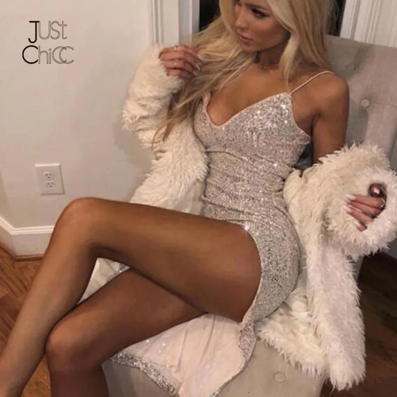 Justchicc V образным вырезом сексуальное платье с блестками для женщин Спагетти ремень Высокая Сплит блеск осенние платья для вечеринок Блеск Bodycon Vestido