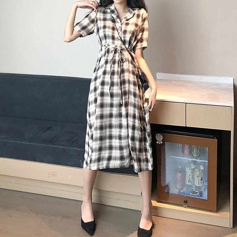 

Summer Dresses Women Korean Preppy Style Casual Notched Collar Waist Tied Tunics Plaid Shirt Dress Short Sleeve Long Midi Dress