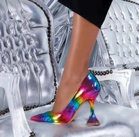 2020 spring new rainbow pointed toe jiu bei gen high heel shoes shallow mouth single shoes large size shoes