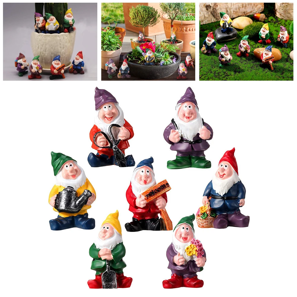 

7PCS Fairy Garden Drunk Gnomes Miniature Ornaments Set Mini Dwarf Bonfire Statues For Planter Flowerpot Decor Accessories