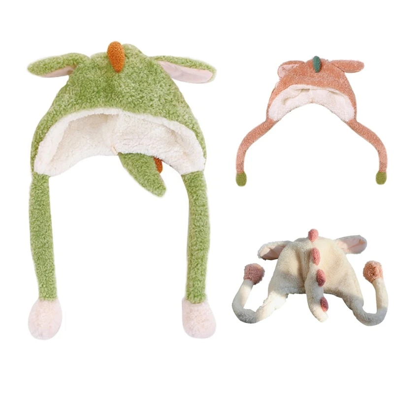

Winter Fluffy Plush Hoodie Scarf Hat Jumping Ears Cartoon Dinosaur Earflap Cap U90E