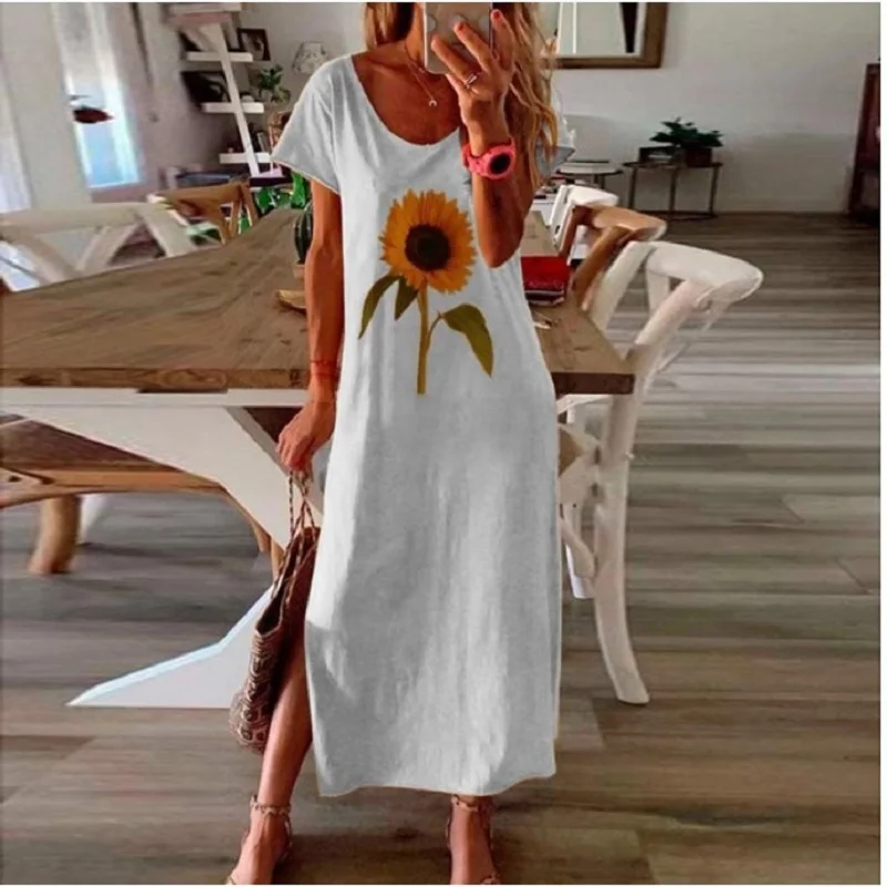 

Fashion Maxi Dresses For Women Loose Sunflower Print Short Sleeves Side Split O-Neck Casual Summer Dress Vestidos Beach Dresses