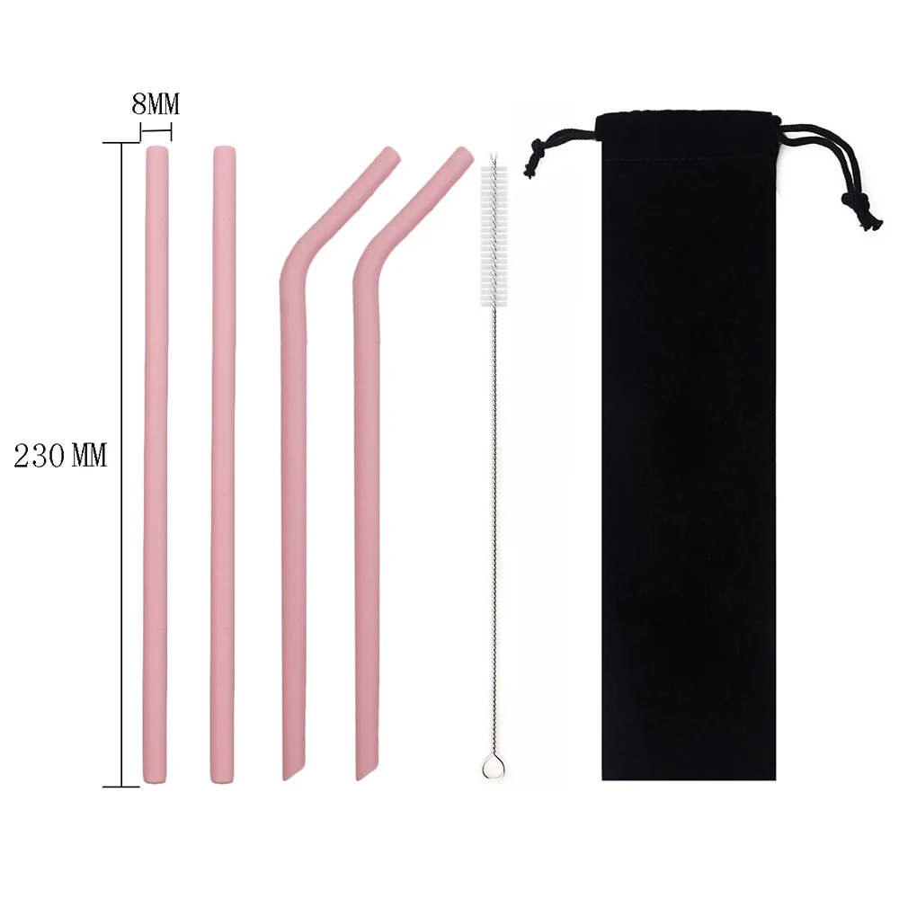 pink 230mm 6 шт./компл. красочное питье силиконовая трубочка набор 23 см 25 см пищевой соломинки для путешествий многоразовая солома с кистью сумка для хранения - Цвет: pink 230mm
