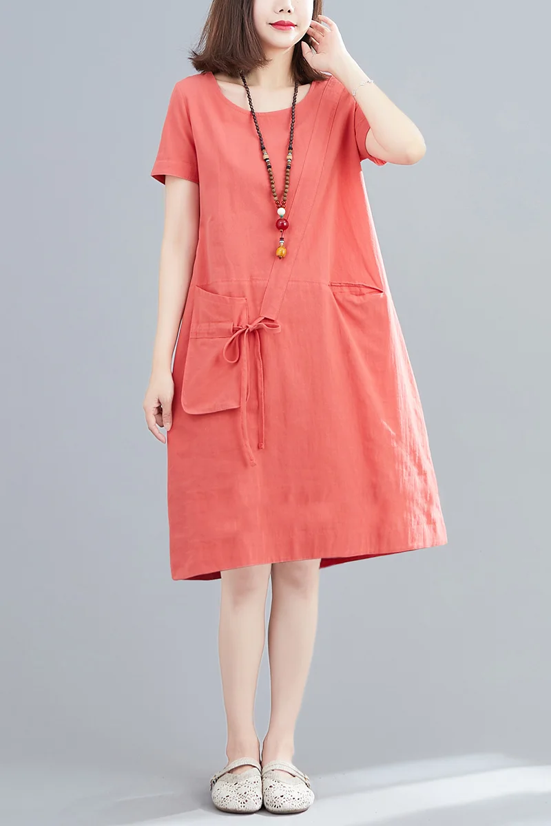 

Summer Short Sleeve Minimalist Women Dress Cotton And Linen Loose Pocket Clothes Lady Chic Drawstring Dresses Ladies