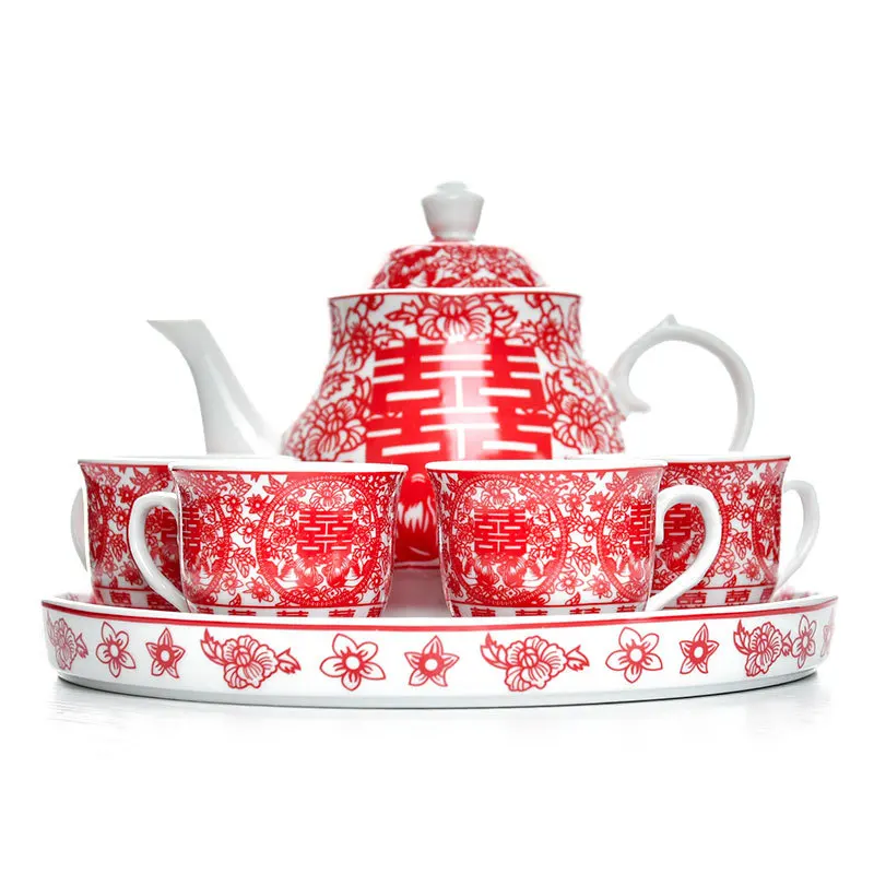 

Chinese wedding teapot teacup red tea pot cup bowl set ceramic teaware creative joy bride gift dowry marriage celebration
