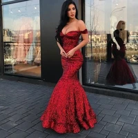 sparkly prom dresses 2020 off the shoulder sequins bling bling mermaid evening dresses red