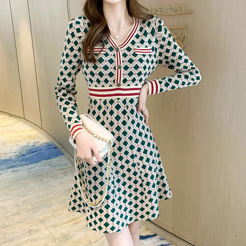 

Navidad Mujer Women Elegant Button Up Autumn Winter Vintage Plaid Dress High Quality Ladies Knitted Party Dresses Vestidos