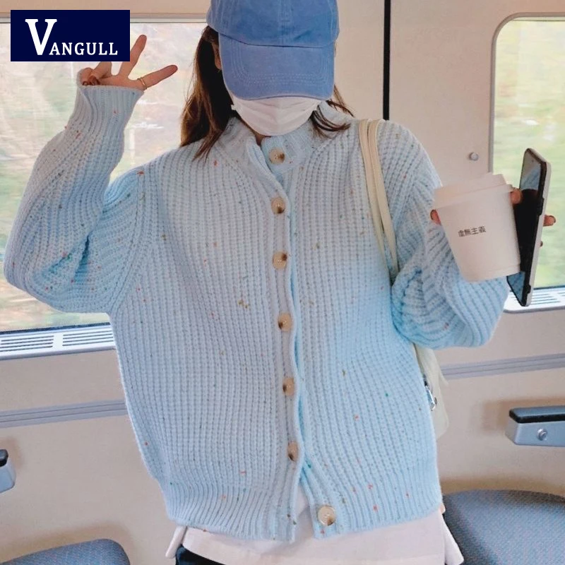 

Vangull Fashion O-neck Sweater Women Long Sleeve Female Cardigans 2021 Autumn Winter New Single Breasted Knitted Ladies Sweater