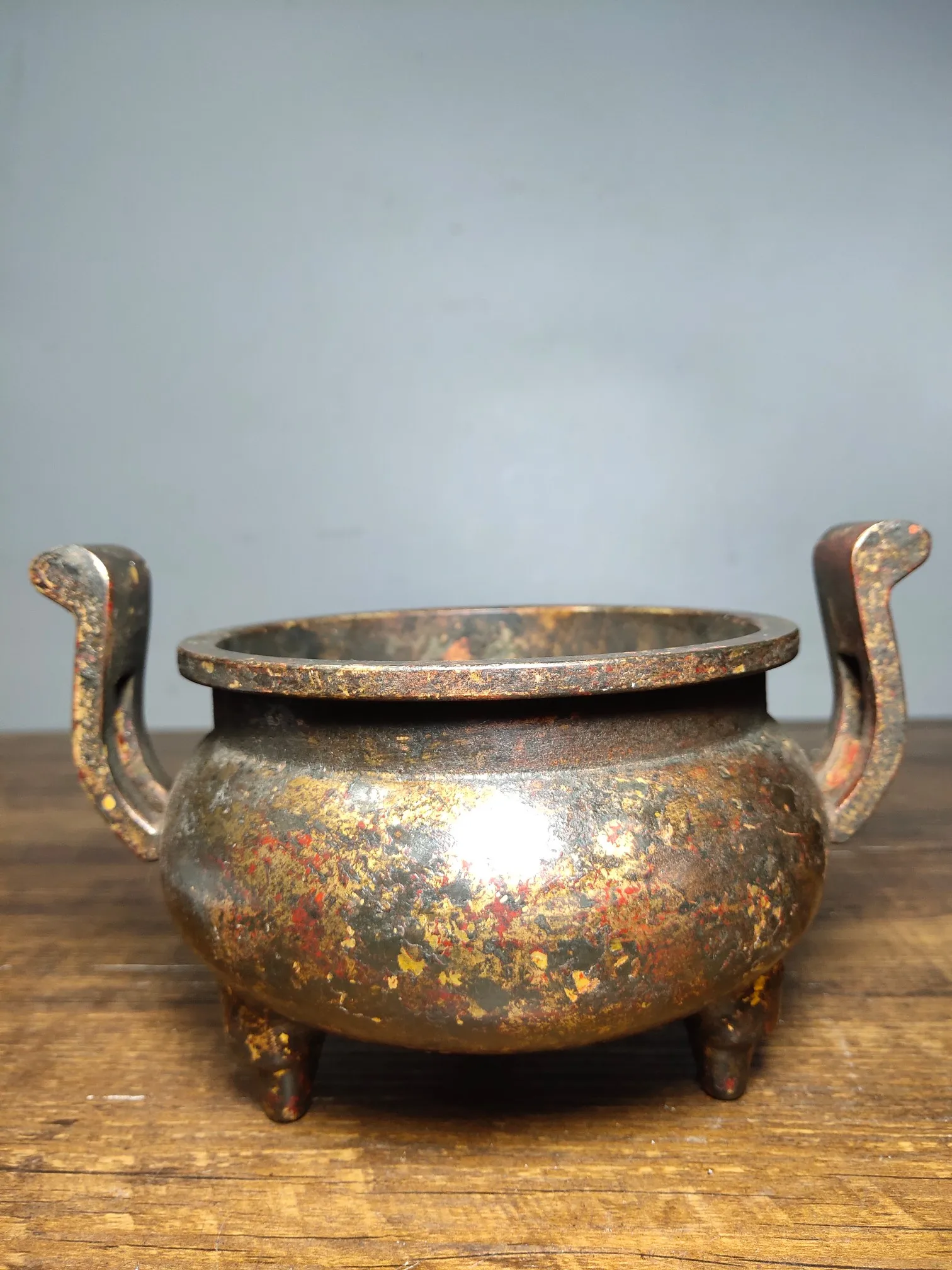 

Home Decor 7" Tibet Buddhism Old Bronze Cinnabar Three-legged incense burner Wishful Binaural incense burner Enshrine furnace