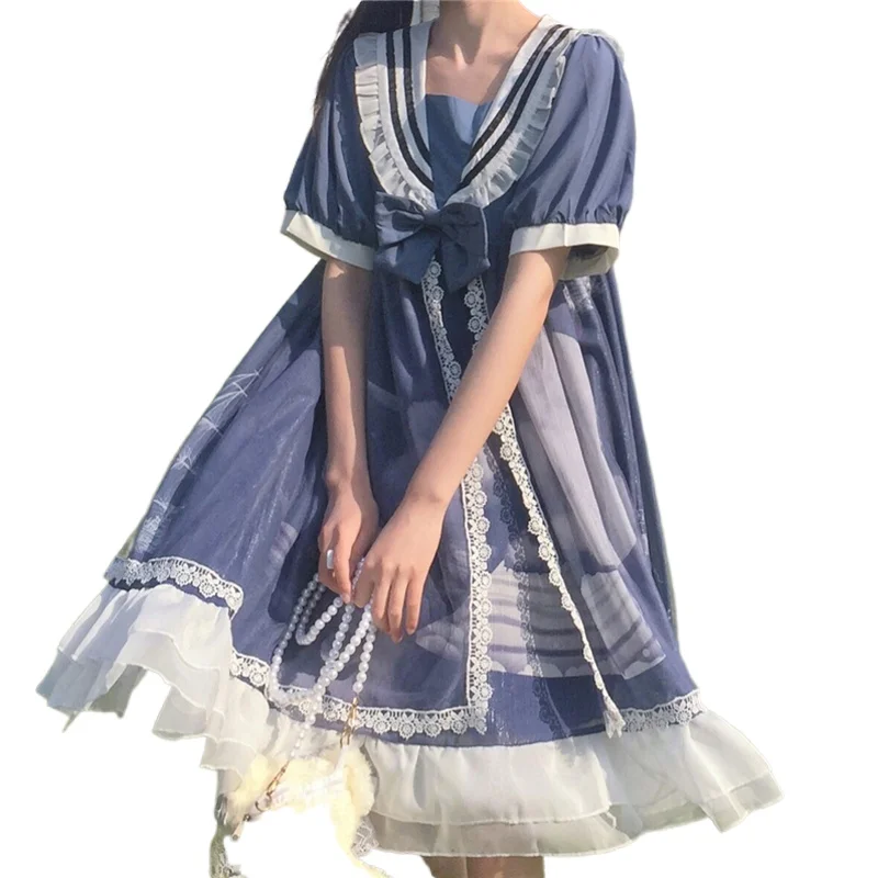 

Heydress summer short sleeve Kawaii Preppy Style Japanese Lolita Dress Sailor Collar Harajuku Cute lace bow Boho Fairy Vestidos