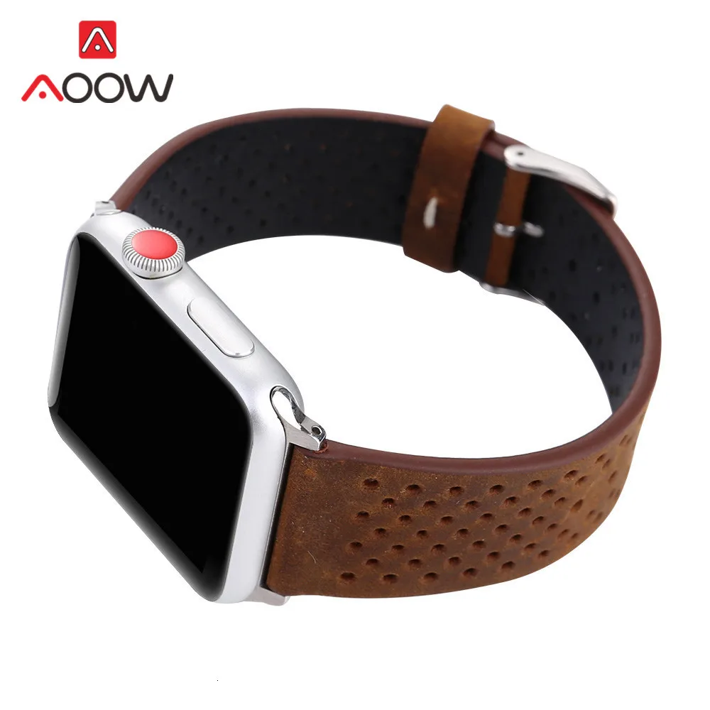 Ремешок для часов из натуральной кожи для Apple Watch, 38 мм, 42 мм, дышащий ремешок для мужчин и женщин, ремешок для iwatch 1, 2, 3, 4