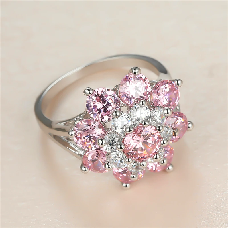 

Luxury Female Pink Crystal Stone Ring Charm Silver Color Big Wedding Rings For Women Dainty Flower Zircon Engagement Ring