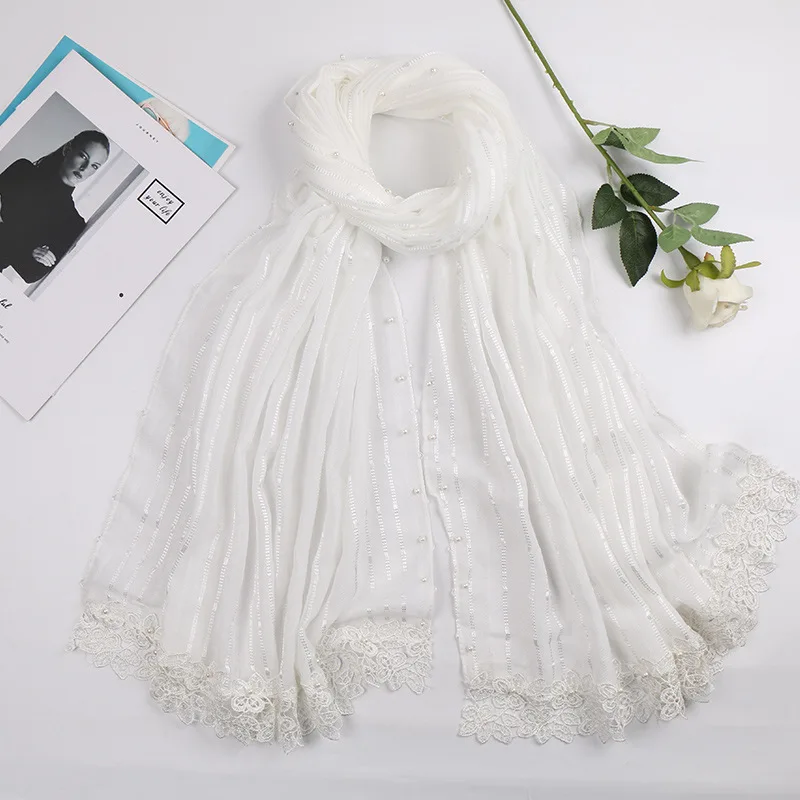 Шарф Кружевной Женский красный зеленый белый гофрированный с жемчугом