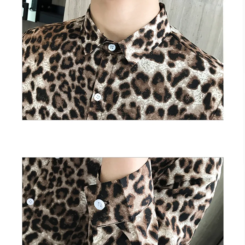 

2020 New style Men's spring slim fit Casual long-sleeved shirts/Male High quality Leopard print Lapel shirt Plus size S-5XL