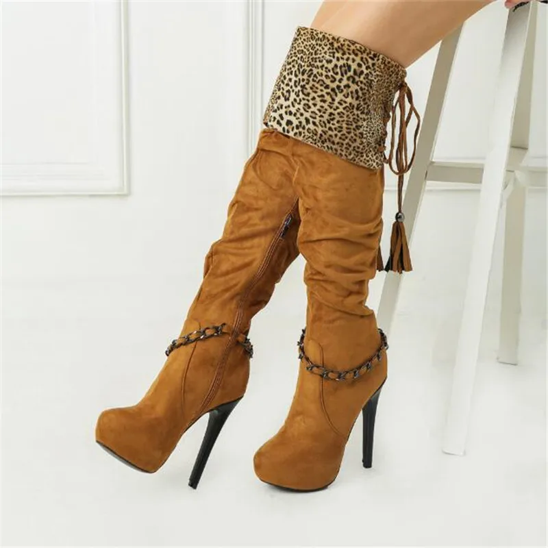 

New pattern High Quality sexy Leopard Print Velvet lining Elastic force Women's Boots 15cm Knee over boots Thin Heel 34-36 37