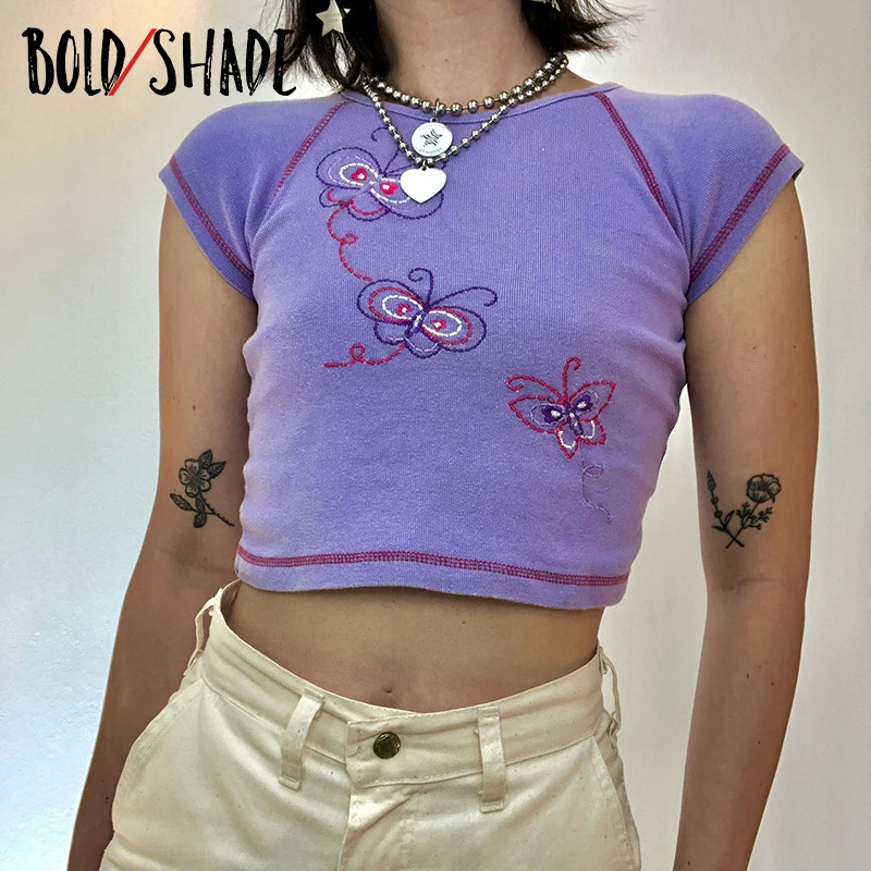

Bold Shade Harajuku Butterfly Embroidery Tee Shirts Short Sleeve Thread Slim Y2K Cropped Tops Women Summer 2021 Indie Clothings