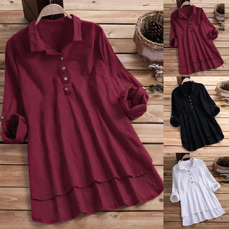 Женская Повседневная Однотонная рубашка из хлопка и льна в стиле ретро весна