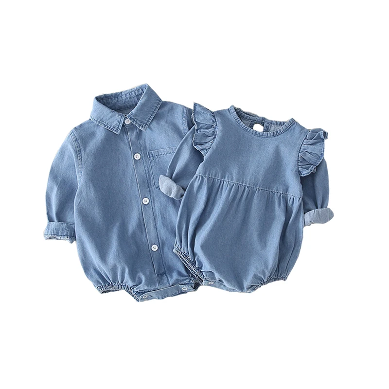 

Baby Boy Girl Sloid Denim Rompers Newborn O-neck Full Sleeve Romper Jumpsuit Bodysuit Outfit Spring Autumn Clothes