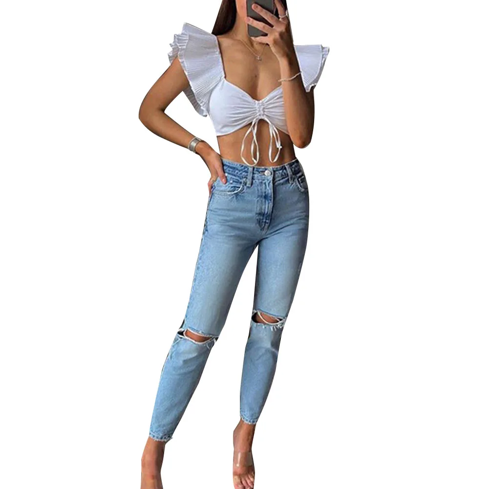 

Hirigin Women Sweet Fashion Hollow Out Embroidery Cropped Blouses Vintage Ruffled Bow Tied For Female Shirts Blusas Chic Tops