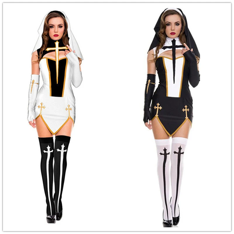 

Sexy Nun Sister Costume Virgin Mary Nuns Costumes Black White Adult Women Cosplay Festival Party Dress Up Suit
