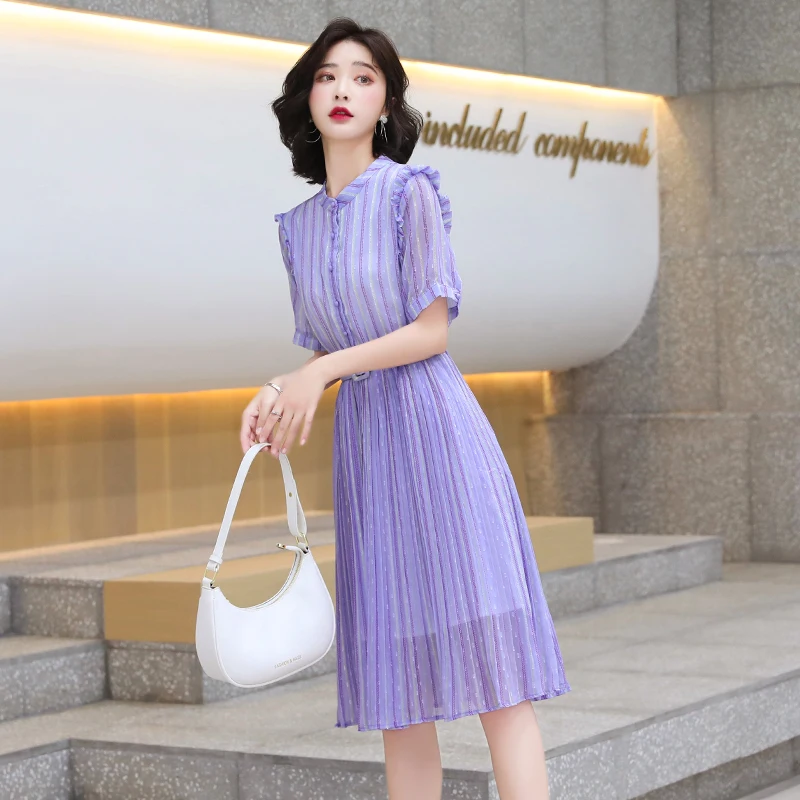 Femmes Midi Plissée Rayée Chemise Violette Robe D'été 2021 Piste Coréen Élégant Fée Décontracté Mer Plage Vacances Fête Vestidos