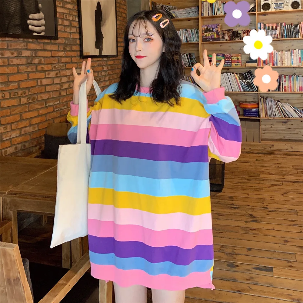 

Женская Толстовка Harajuku, радужные худи в полоску, лоскутные, мягкие, контрастные цвета, с круглым вырезом, осенне-зимний топ
