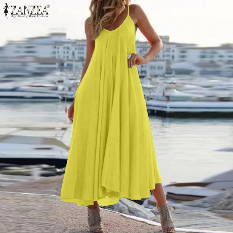 

2021 Summer Suspender Dress Women ZANZEA Midi Overall Dress Casual Solid Sleeveless Long Sundress Female Holiday Robe