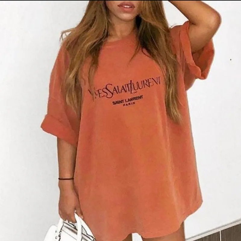 

Vintage Woman Tshirts Orange Letter Print O Neck Short Sleeve Casual Brand Design Streetwear Summer 2021 Fashion Tops Plus Size