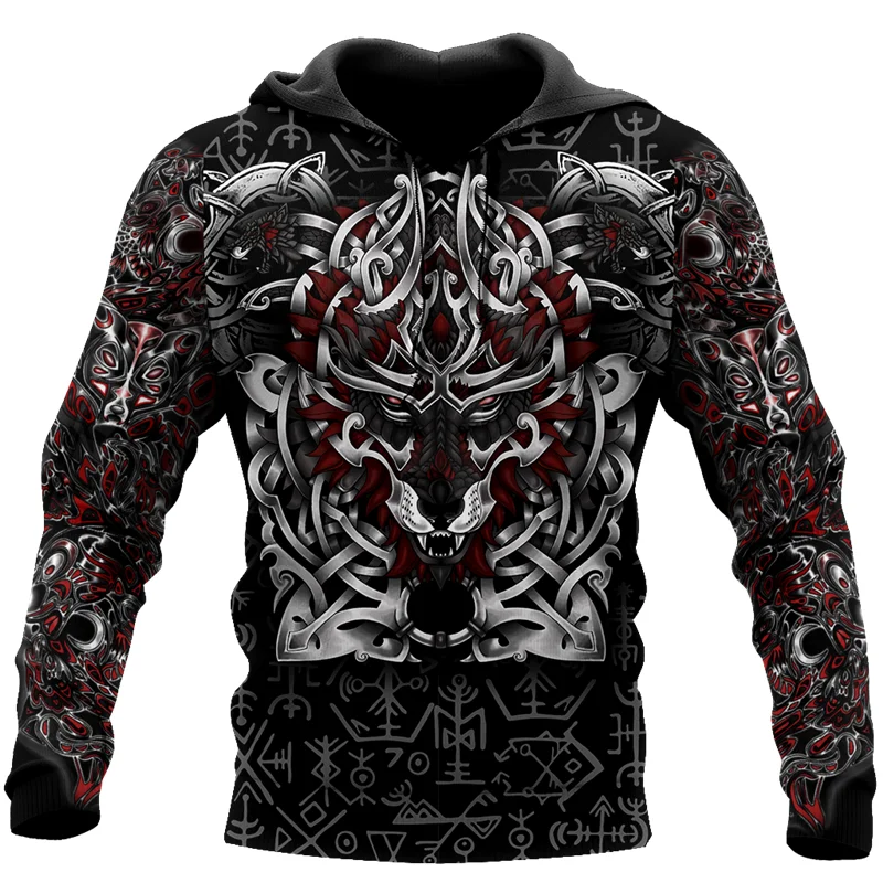 

New Viking Wolf Tattoo 3D Printing Autumn Men's Zipper Hoodie Unisex Casual Hoodie Street Hip Hop Harajuku Clothing Sweatshirt