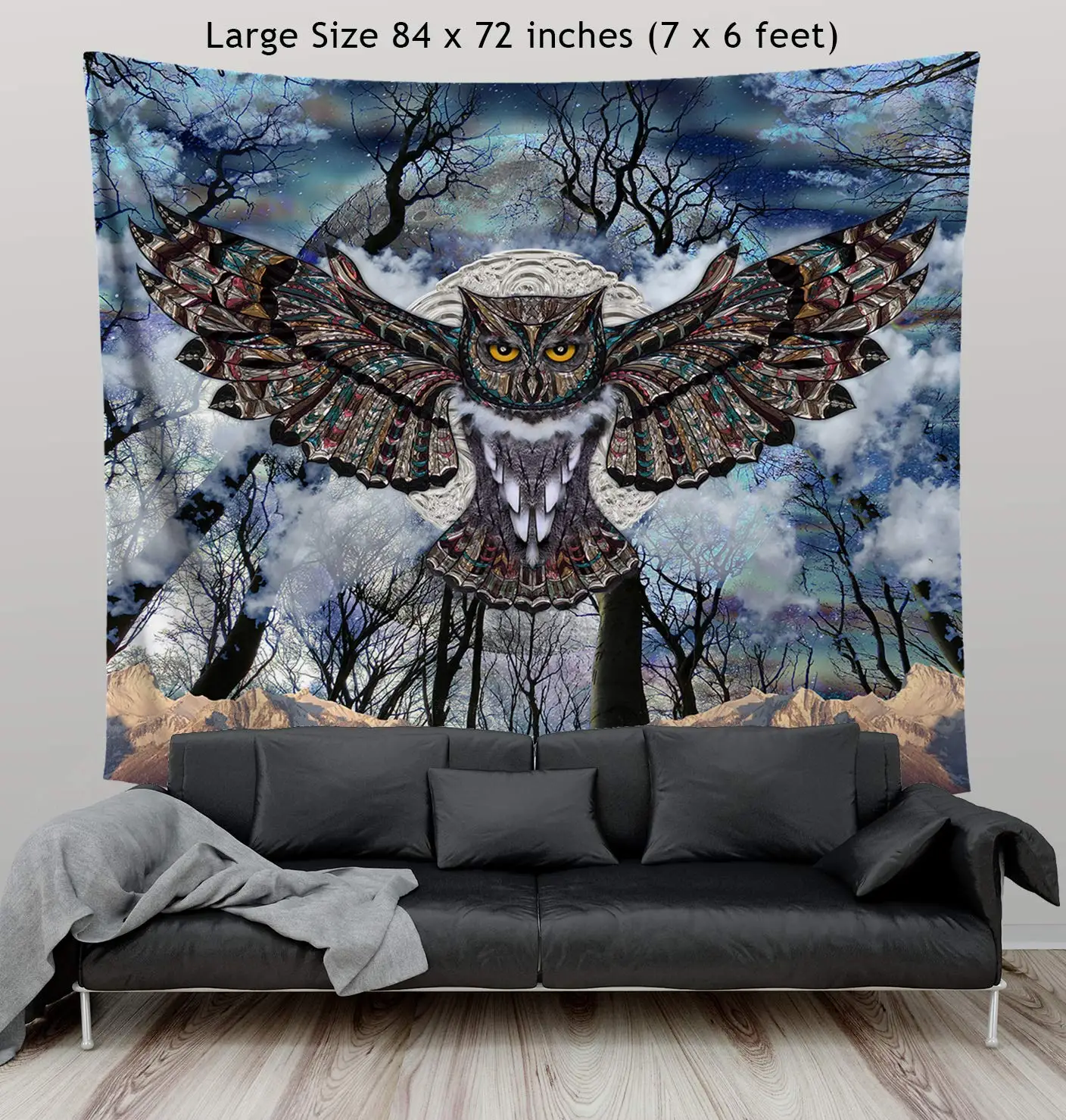 Луна Сова синяя Мандала настенный гобелен Темный лес дизайн животное настенная