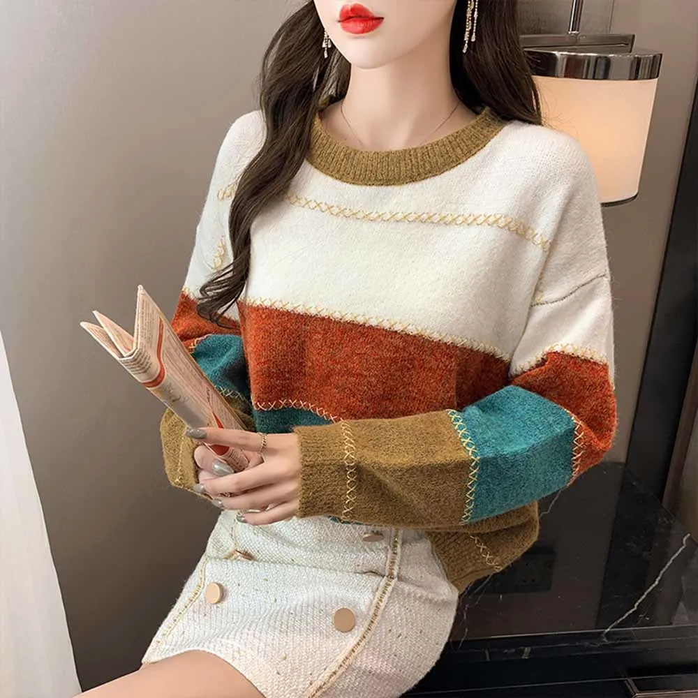 

Autumn Winter New Fashion Striped O-Neck Patchwork Knitted Sweater Women Casual Pullovers Long Sleeve Loose Top