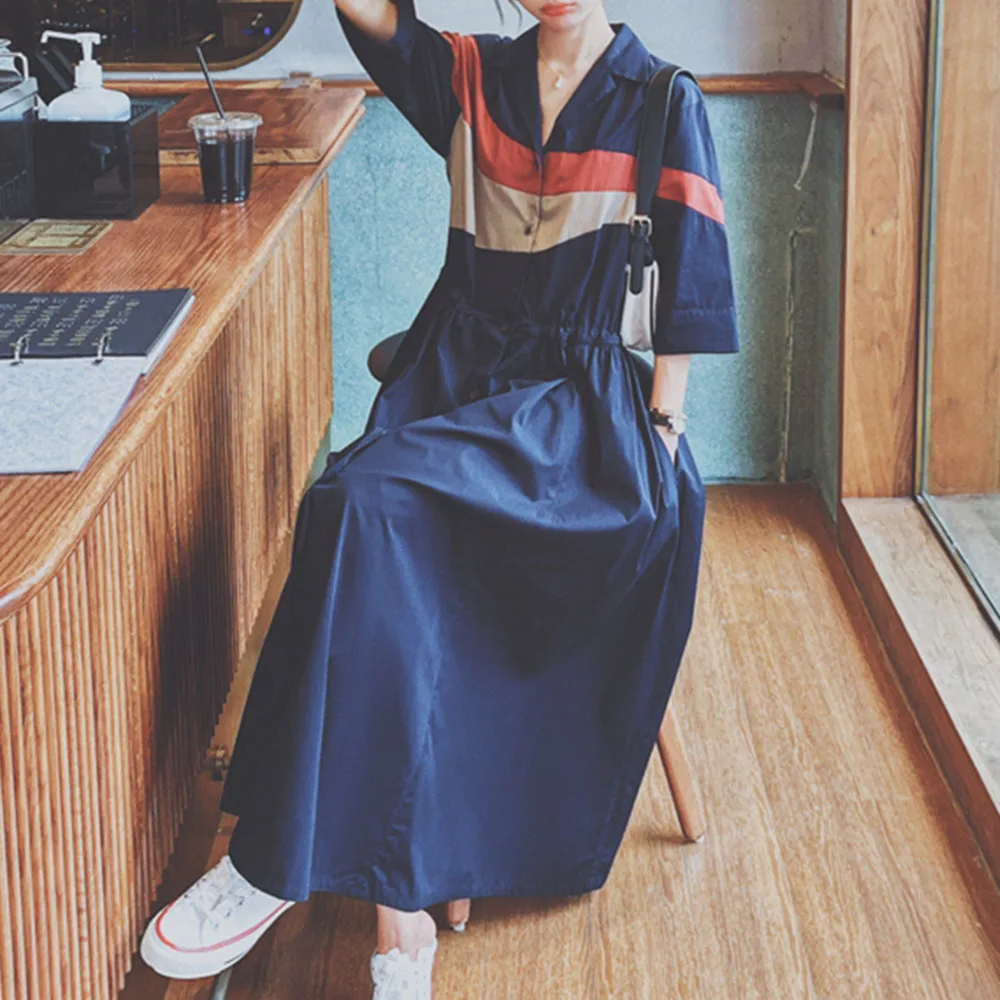

Long Dress Women Autumn 2020 Korean Streetwear Color Block Button Up Tunic A Line Female Swing Maxi Summer Casual Dresses Lady