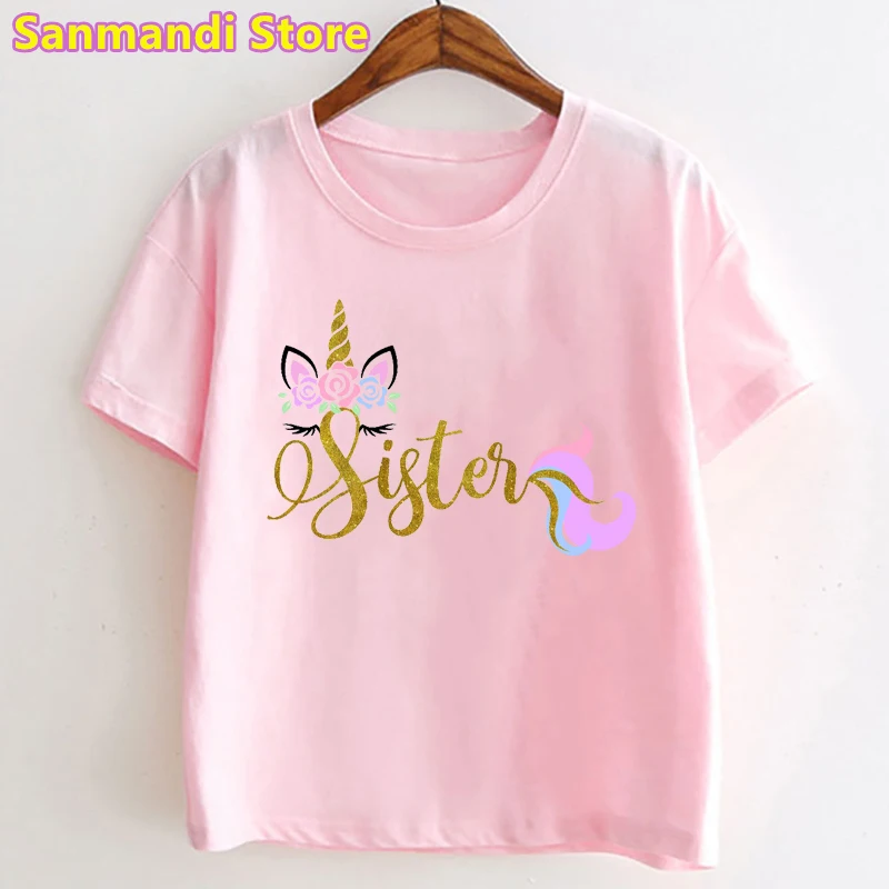

Unicorn Sister Graphic Print Tshirt For Girls Pink Kids Clothes Cute Summer Tops Tee Shirt Toddler 3-13 Years Harajuku Shirt
