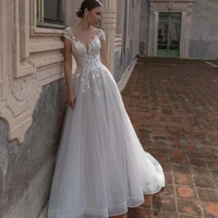 lace appliques short sleeve wedding dresses formal beach o neck tulle a line bride vestido de novia illusion bridal gowns 2021