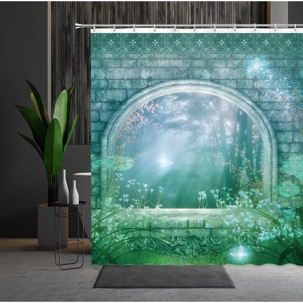 

Waterproof Shower Curtain Dream Landscape Tree Flowers Butterfly 3D Printing Machine Washable Bathroom Curtains Set With Hooks