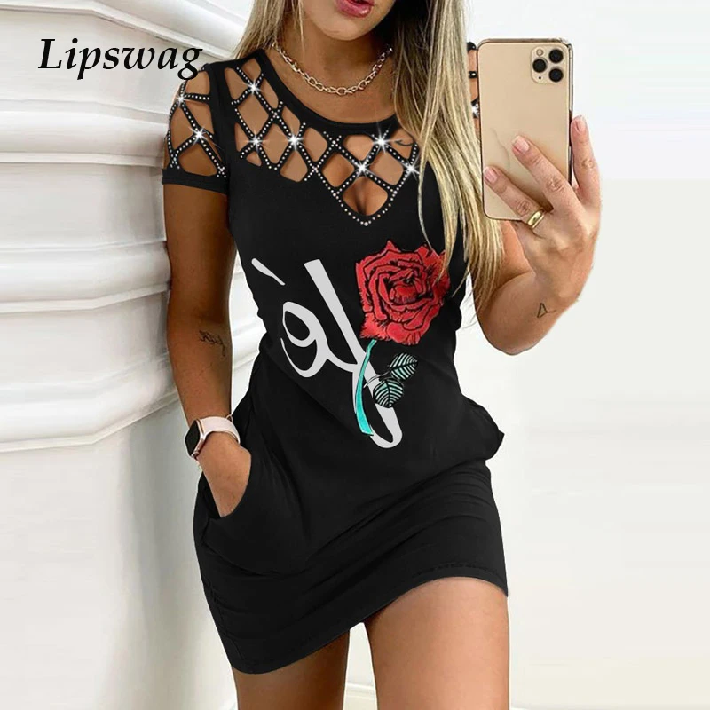 

FAKUNTN 2021 элегантное мини-платье с принтом роз и карманами, женское летнее Повседневное платье с круглым вырезом и коротким рукавом, женское с...