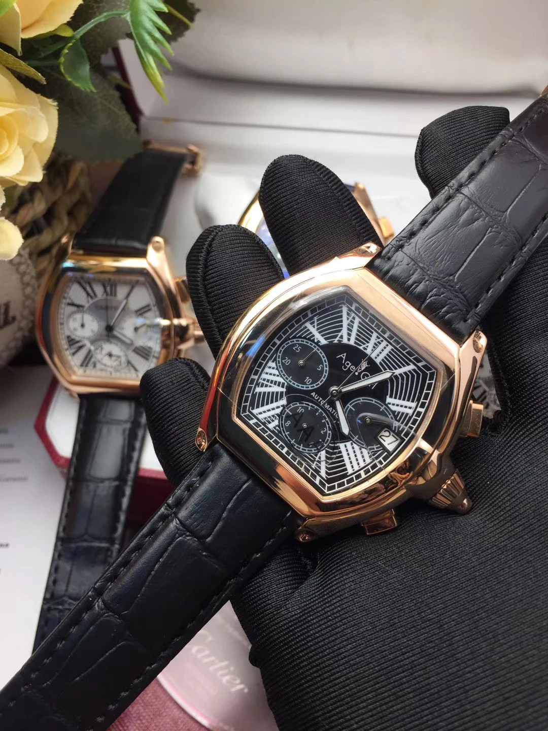 

Classic New Men Quartz Chronograph Sapphire Stainless Steel Watches Luminous Rose Gold Black Leather Stopwatch Watch AAA+