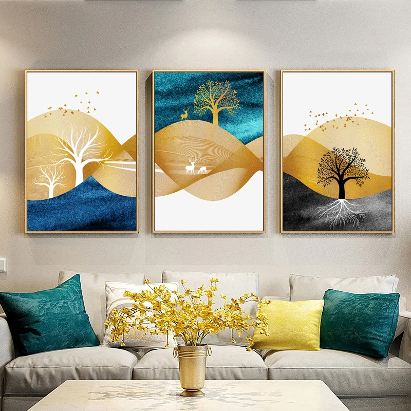 

Nordic Abstract Golden Elk Tree Canvas Painting Modular Wall Art Pictures Canvas for Living Room Landscape Abstract Wall Poster