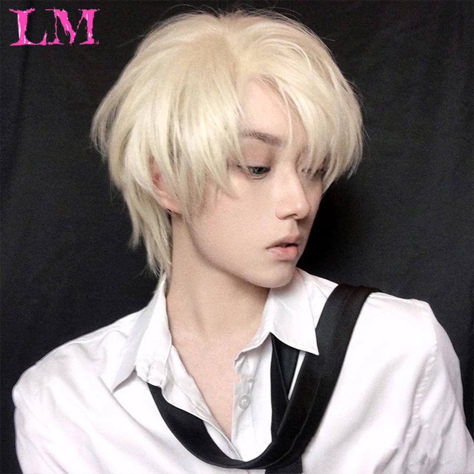 

LM Short Cosplay Lolita Anime Wig Male Straight Hair High Temperature Fiber Synthetic Long Ponytail Light Blonde Wig for Men 4.8