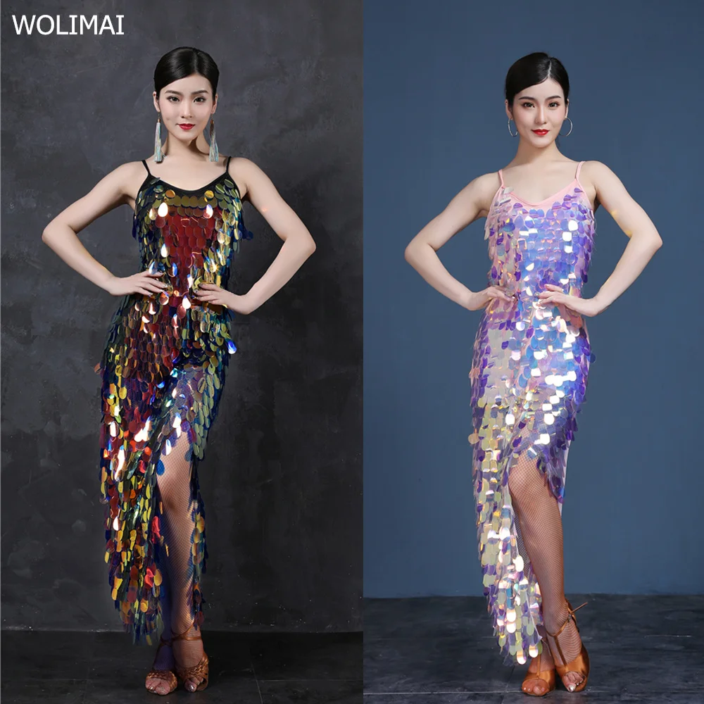Платье для латиноамериканских танцев блестящие женские костюмы комплект