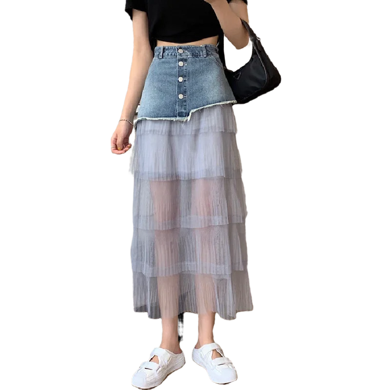 

Spring Summer Skirt Women Denim Irregular Ruffles High Waist Blue Patchwork Vintage Korean Style Office Lady Clothing D294