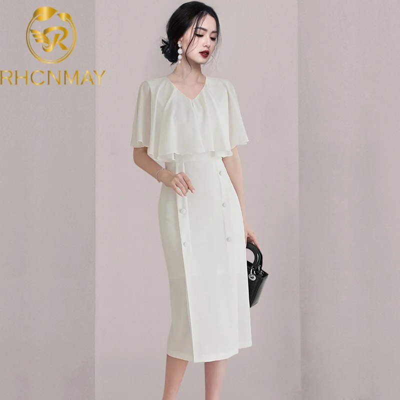 

Женское белое элегантное платье с V-образным вырезом и рукавом-бабочкой, темпераментные платья с высокой талией, женская летняя одежда, 2021 с...