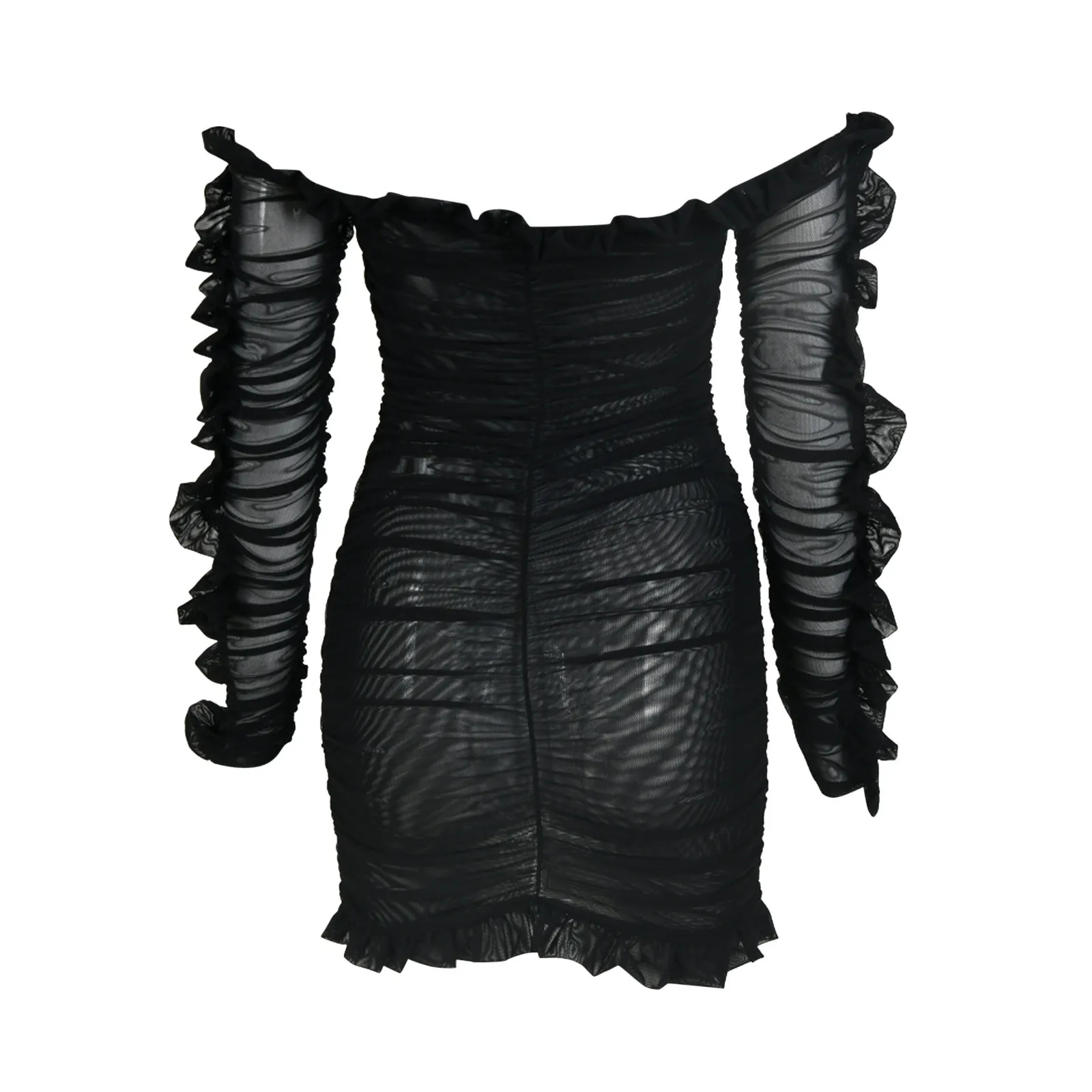 

40# Sexy mini dress Women's Mesh Ruffled Long Sleeves Deep V Hollow Lace Casual Dress party dress Vestido De Mujer
