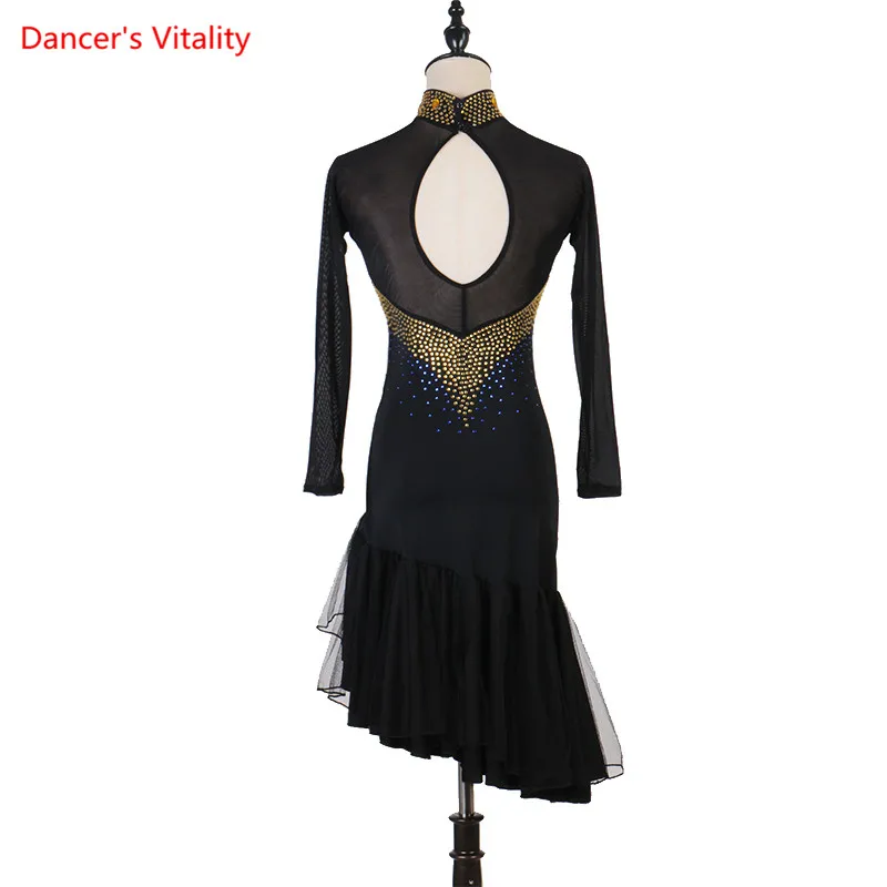 Женское платье для латинских танцев черное ассиметричная юбка соревнований